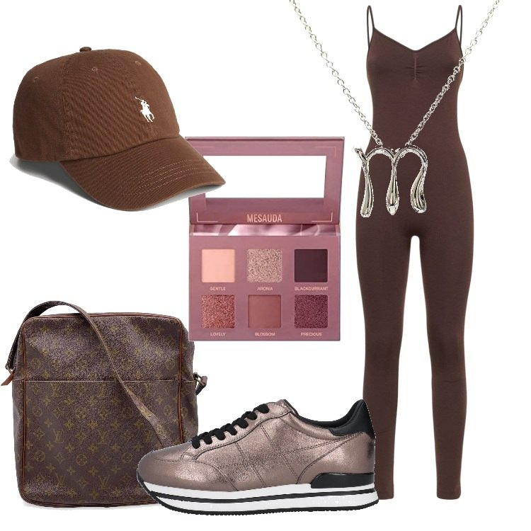 Outfit donna - Cioccolato. Stile Urban per Tutti i giorni. Abbinamento con sneakers, borse a tracolla, collane, cappelli, tute, ombretti.