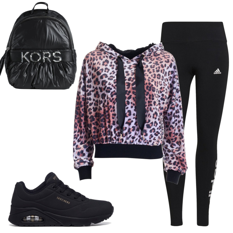 Outfit donna - Total look #1701997. Stile Sporty chic per Sport. Abbinamento con zaini, felpe con cappuccio, leggings, sneakers.