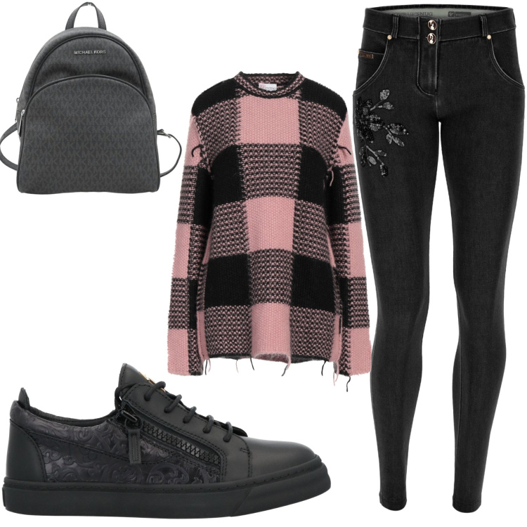 Outfit donna - Total look #1702001. Stile Casual per Scuola/Università. Abbinamento con pullovers, sneakers, zaini, jeans skinny.