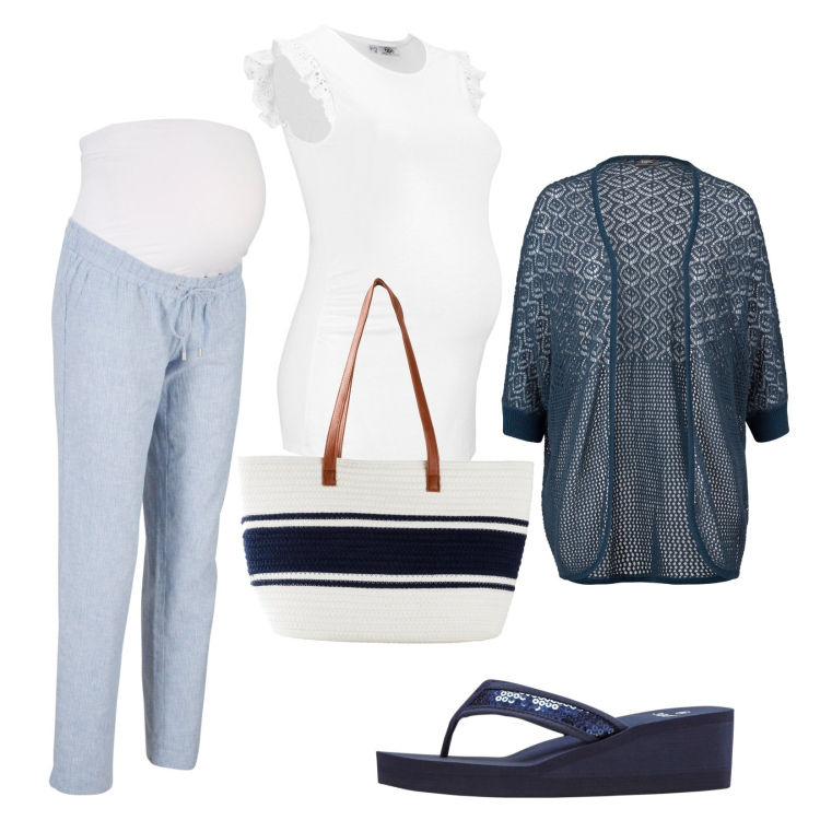 Outfit donna - In dolce attesa. Stile Casual per Tutti i giorni. look ideale per Premaman. Abbinamento con cardigans, pantaloni, maglieria, infradito, shopping bag.