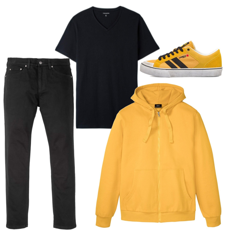 Outfit uomo - La felpa gialla. Stile Casual per Tutti i giorni. Abbinamento con jeans slim fit, felpe con cappuccio, t-shirt, sneakers.