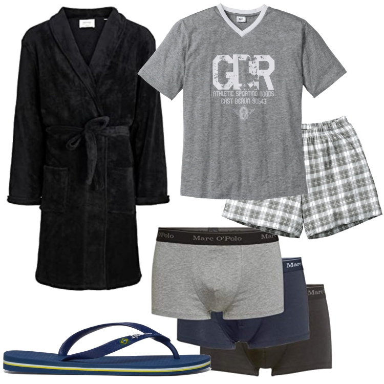 Outfit uomo - Serata film a letto. Stile Casual per Tutti i giorni. Abbinamento con abbigliamento da notte, sandali, costumi, accappatoi.
