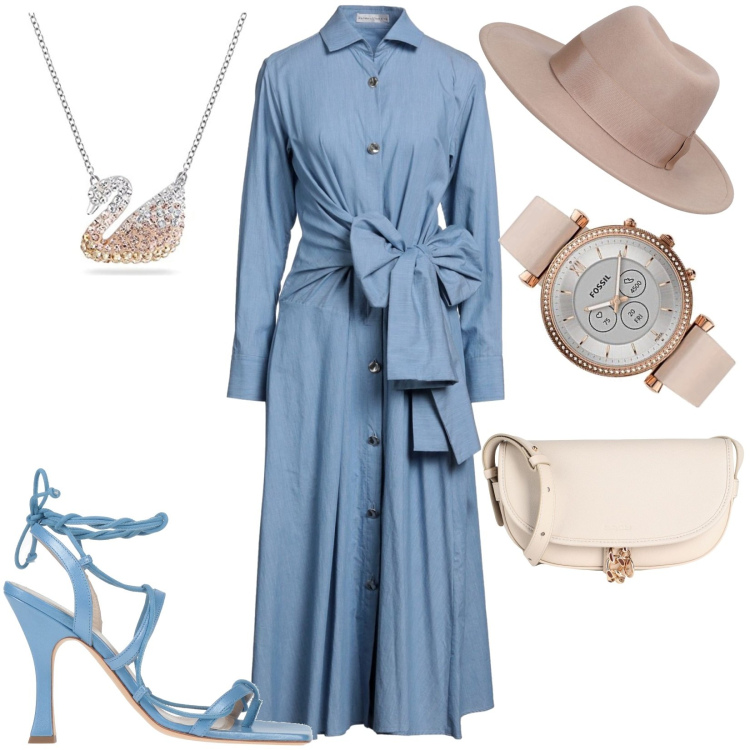 Outfit donna - Total look #1702128. Stile Glamour per Tutti i giorni. Abbinamento con infradito, vestiti lunghi, borse a spalla, ciondoli, cappelli, orologi.