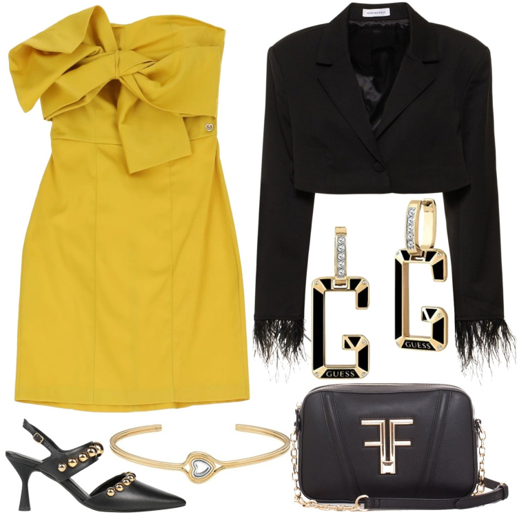 Outfit donna - Compleanno in giallo e nero. Stile Glamour per Cerimonia. Abbinamento con décolleté, vestiti corti, pochette, blazer, braccialetti, orecchini.