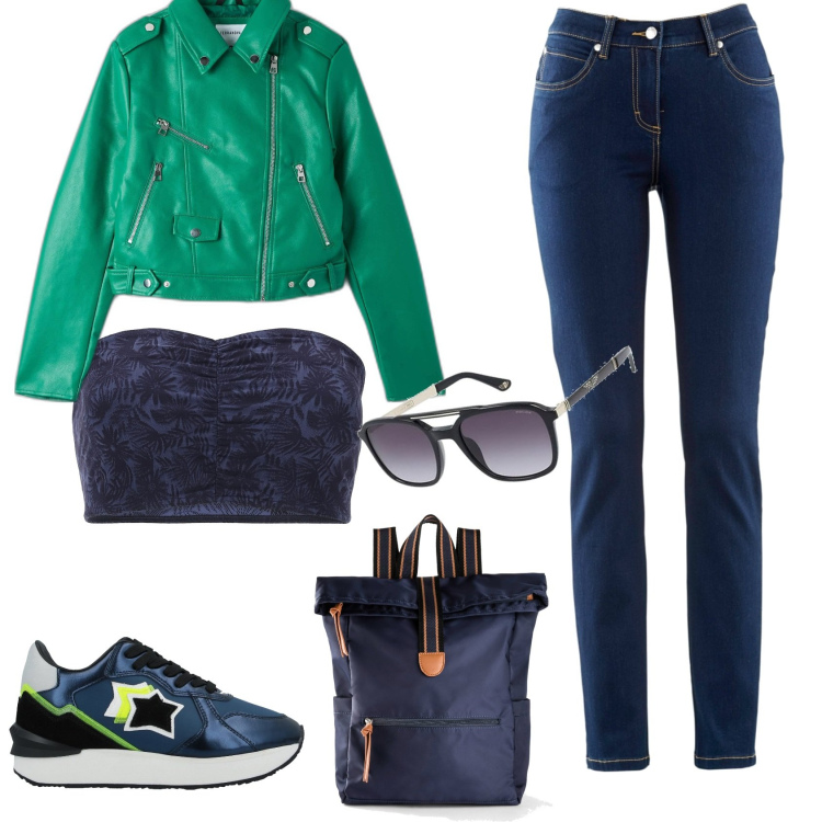Outfit donna - Total look #1702264. Stile Casual chic per Tutti i giorni. Abbinamento con zaini, jeans dritti, sneakers, cappotti, top, occhiali da sole.