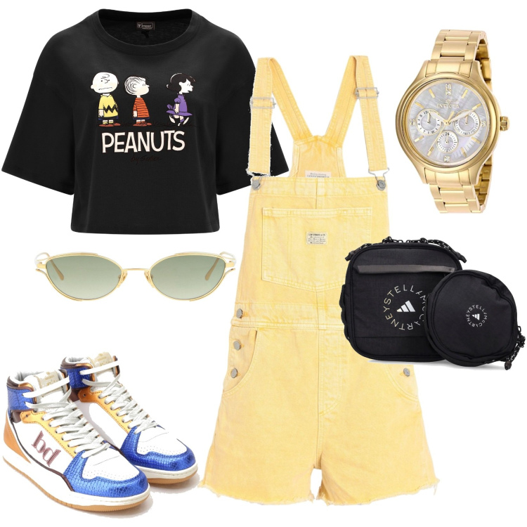 Outfit donna - Risveglio colorato. Stile Basic per Tutti i giorni. Abbinamento con salopette, occhiali da sole, sneakers alte, t-shirt, orologi analogici, marsupi.