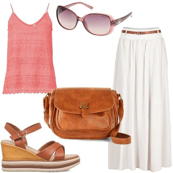Outfit donna - Ancora estate. Stile Basic per Tutti i giorni. Abbinamento con borse a tracolla, gonne lunghe, top, sandali in pelle, occhiali da sole.