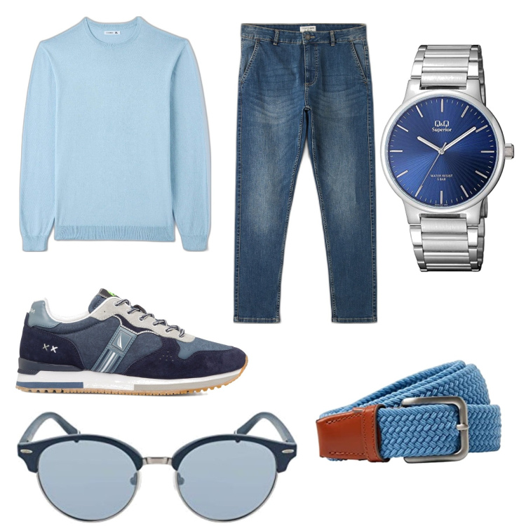 Outfit uomo - Primi freddi. Stile Casual per Tutti i giorni. Abbinamento con sneakers, pullovers, jeans skinny, occhiali da sole, orologi, cinture.