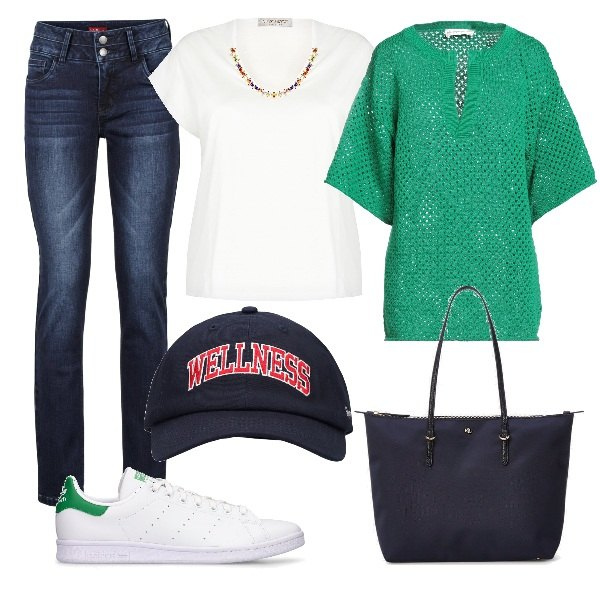 Outfit donna - Total look #1702299. Stile Urban per Tutti i giorni. Abbinamento con jeans, pullovers, t-shirt, borse tote, sneakers, cappelli.