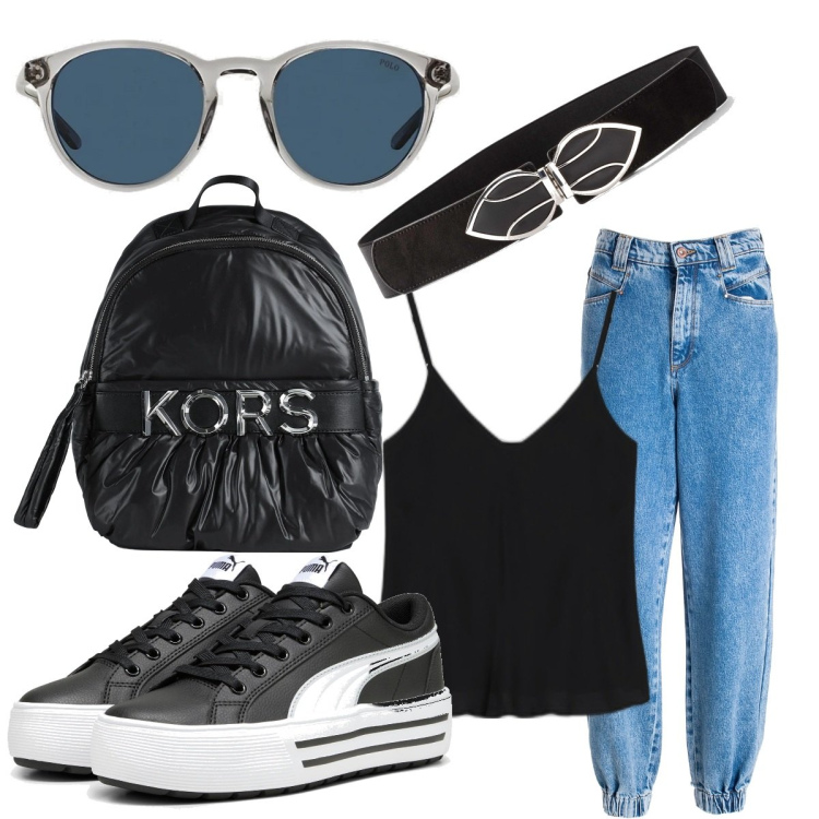 Outfit donna - Semplice semplice. Stile Casual per Tutti i giorni. Abbinamento con cinture, zaini, jeans dritti, canottiere, occhiali da sole, sneakers.
