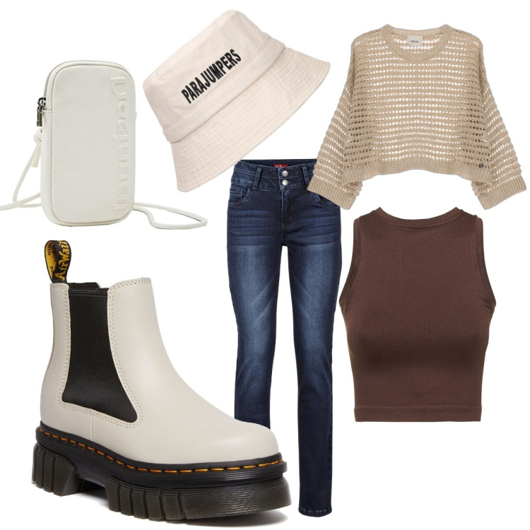 Outfit donna - Ridere sotto la pioggia. Stile Sporty chic per Tutti i giorni. Abbinamento con jeans, maglieria, stivaletti chelsea, canottiere, cappelli, portafogli.