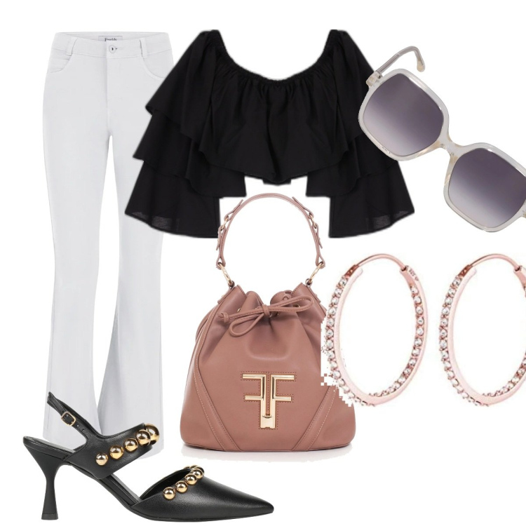 Outfit donna - Total look #1702544. Stile Casual per Tutti i giorni. Abbinamento con décolleté, borse a secchiello, jeans a zampa, top, orecchini, occhiali da sole.