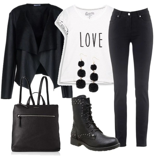 Outfit donna - Rock #2986. Stile Rock per Scuola/Università. Abbinamento con jeans slim fit, orecchini a goccia nero, giacca scollatura profonda a maniche lunghe interno sfoderato in pelle sintetica tinta unita, t-shirt bianco, stivali nero, zaino nero.