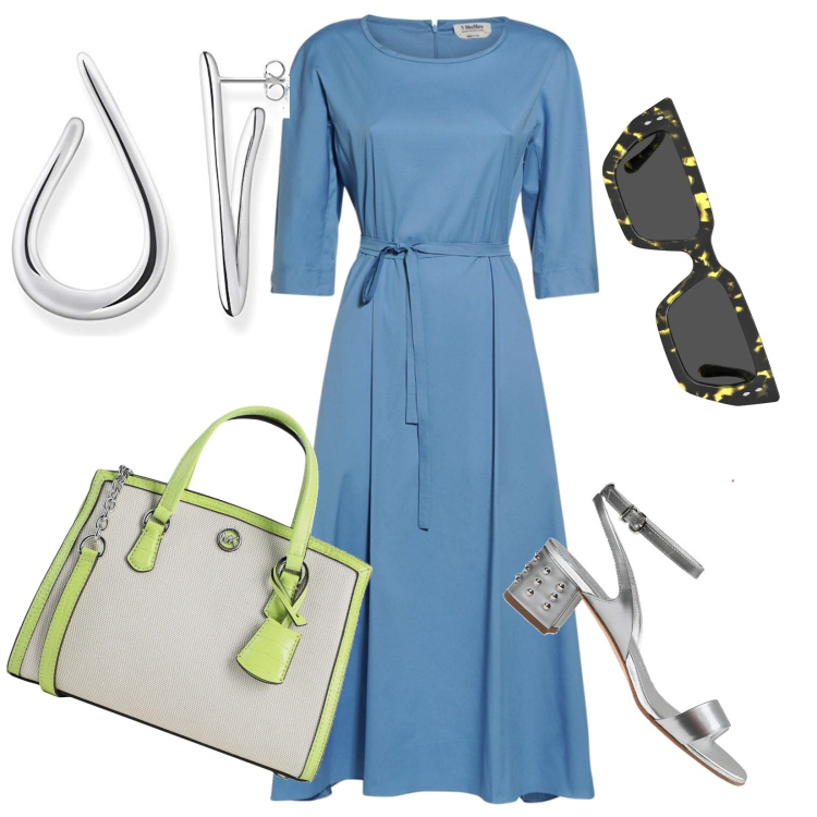 Outfit donna - Prima riunione di lavoro dopo le vacanze. Stile Chic per Ufficio. Abbinamento con sandali in pelle, borse a mano, vestiti midi/longuette, orecchini, occhiali da sole.