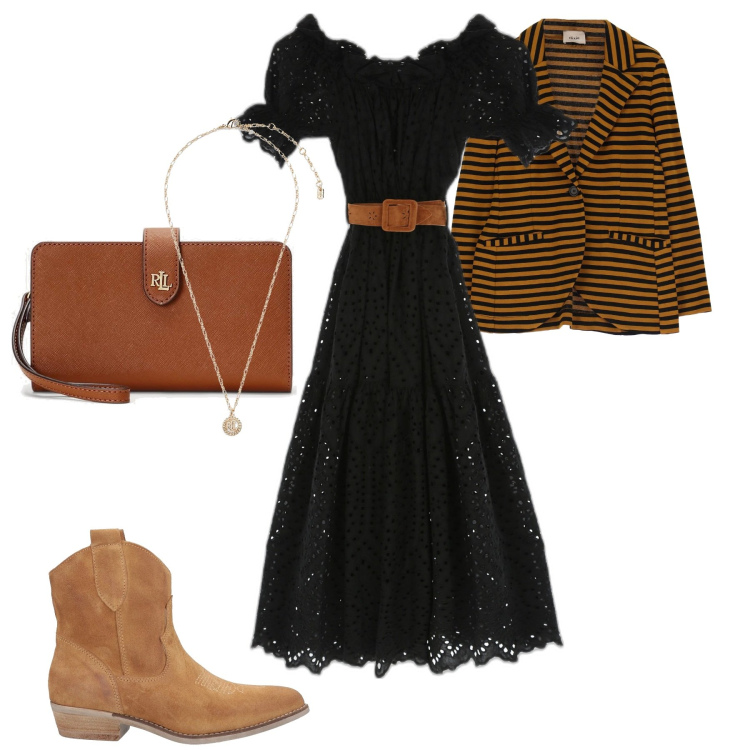 Outfit donna - Fine agosto. Stile Romantica per Tutti i giorni. Abbinamento con stivaletti, vestiti midi/longuette, blazer, pochette, collane.