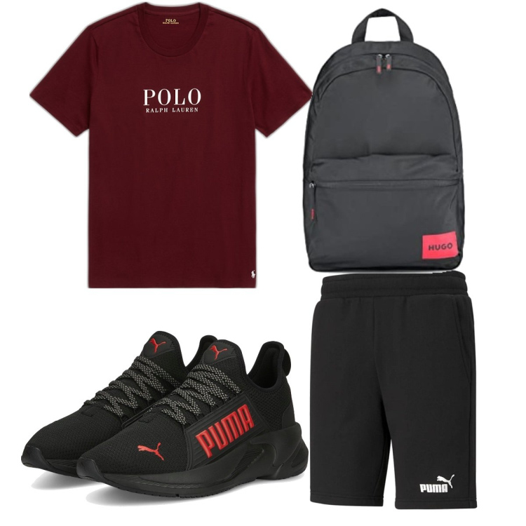 Outfit uomo - Total look #1702691. Stile Trendy per Sport. Abbinamento con t-shirt, pantaloni corti, scarpe sportive, borse sportive.