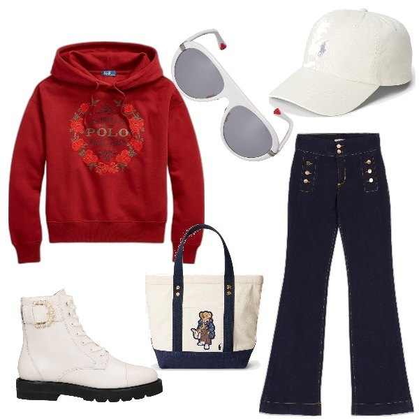 Outfit donna - Incognito. Stile Urban per Tutti i giorni. Abbinamento con anfibi, jeans, cappelli, borse tote, felpe con cappuccio, occhiali da sole.