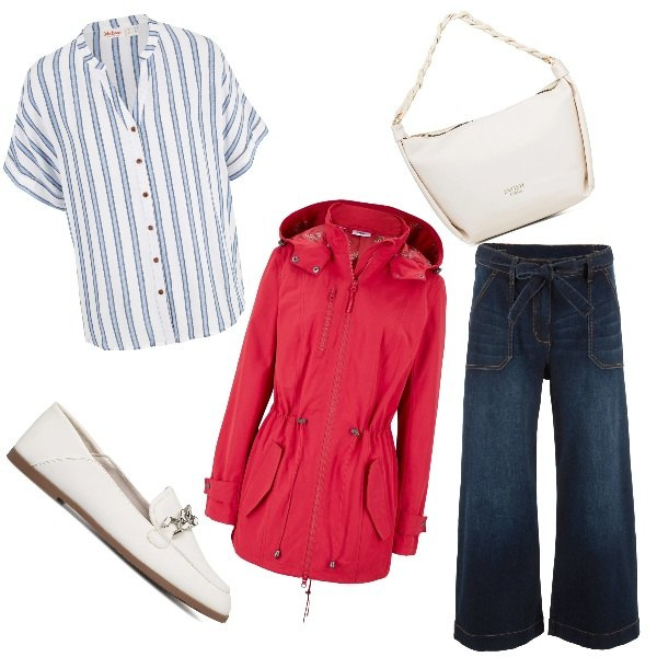 Outfit donna - Prime piogge. Stile Casual chic per Tutti i giorni. Abbinamento con jeans, camicie, parka, mocassini, borse a mano.