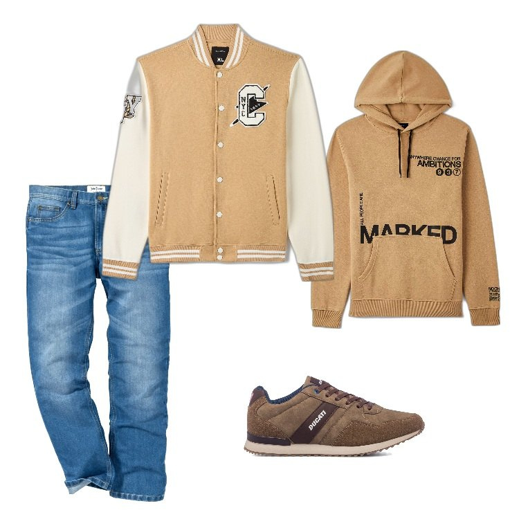 Outfit uomo - Back to school. Stile Casual per Tutti i giorni. Abbinamento con jeans dritti, felpe con cappuccio, bomber, sneakers.