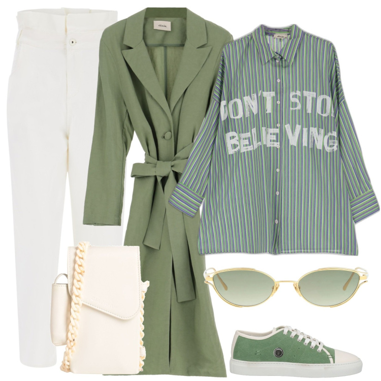 Outfit donna - Rientro con stile. Stile Trendy per Ufficio. Abbinamento con sneakers, occhiali da sole, borse a tracolla, jeans, trench, camicie.