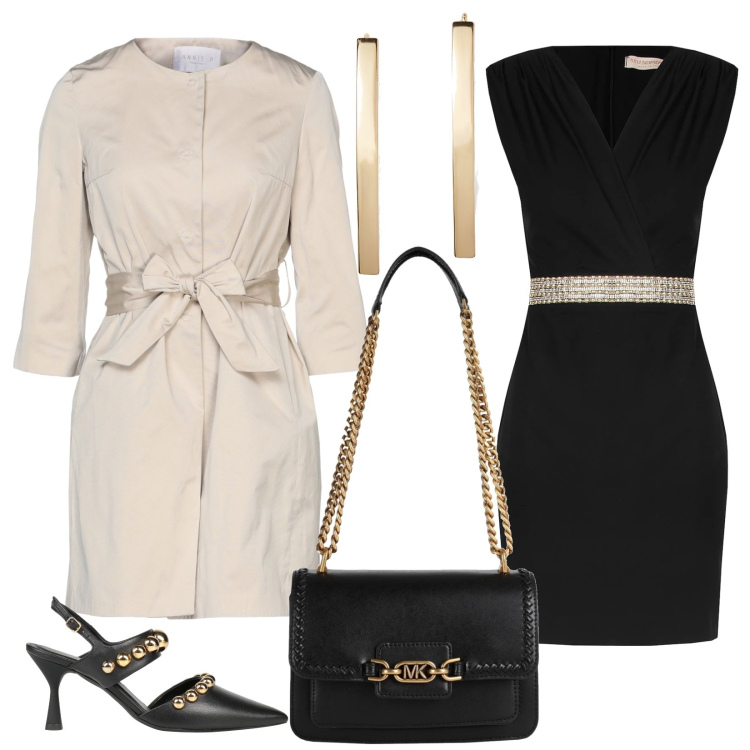 Outfit donna - Cena di compleanno. Stile Chic per Serata fuori. Abbinamento con décolleté, cappotti, borse a spalla, vestiti midi/longuette, orecchini.
