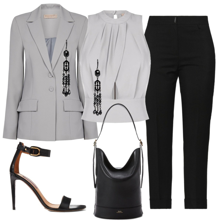 Outfit donna - Domani riunione. Stile Chic per Ufficio. Abbinamento con pantaloni, top, cappotti, borse a secchiello, orecchini, sandali in pelle.