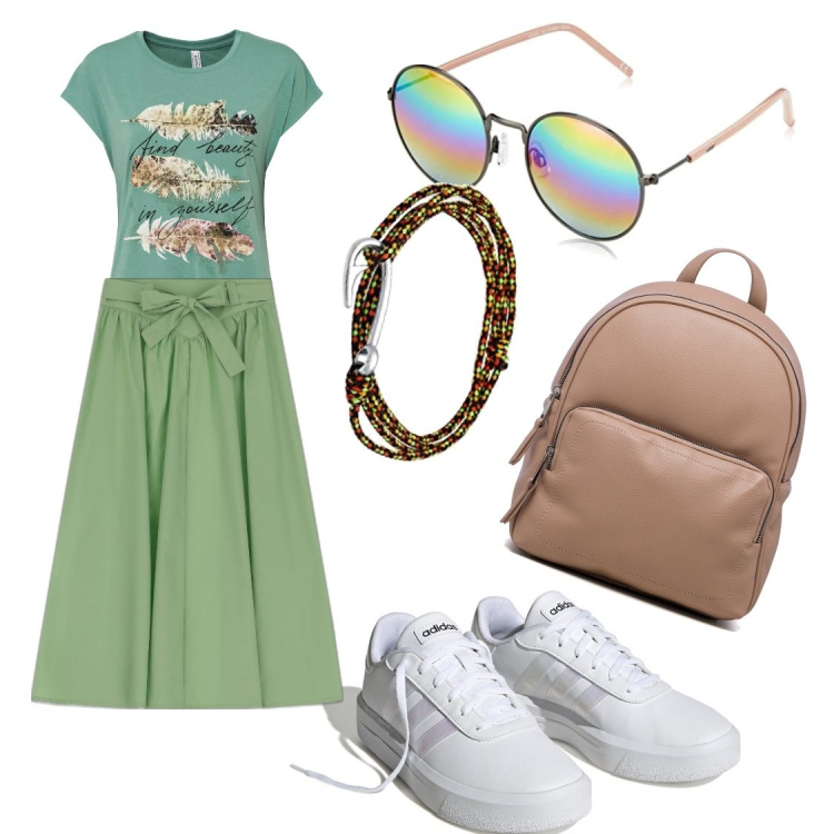 Outfit donna - Esami estivi. Stile Casual chic per Scuola/Università. Abbinamento con t-shirt, gonne longuette, sneakers, zaini, occhiali da sole, braccialetti.