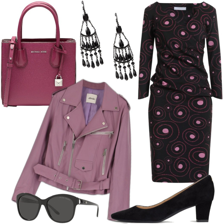 Outfit donna - Rientro in ufficio. Stile Glamour per Ufficio. Abbinamento con vestiti corti, borse a mano, giacche, occhiali da sole, décolleté, orecchini.