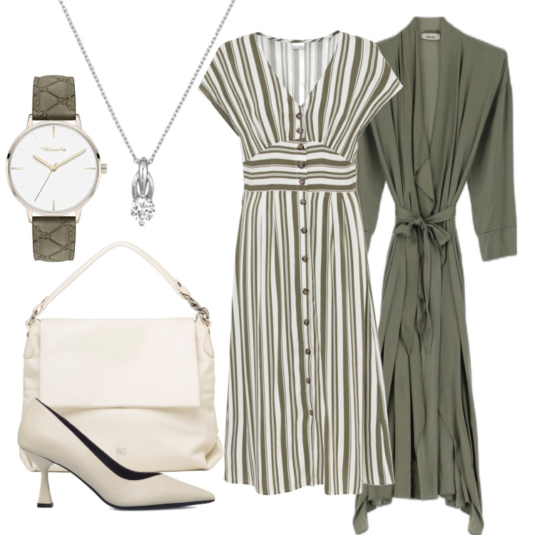 Outfit donna - In ufficio con lo spolverino. Stile Trendy per Ufficio. Abbinamento con vestiti, décolleté, borse a spalla, trench, orologi, collane.