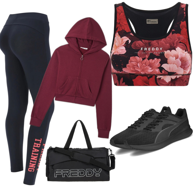 Outfit donna - Si ritorna in palestra. Stile Basic per Sport. Abbinamento con felpe con cappuccio, borse sportive, leggings, reggiseni, scarpe sportive.