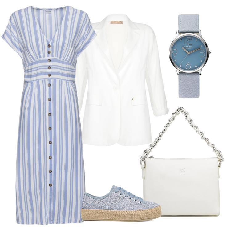 Outfit donna - Lo chemisier a righe per l\'ufficio. Stile Urban per Tutti i giorni. Abbinamento con vestiti, giacche, sneakers alte, borse a tracolla, orologi analogici.