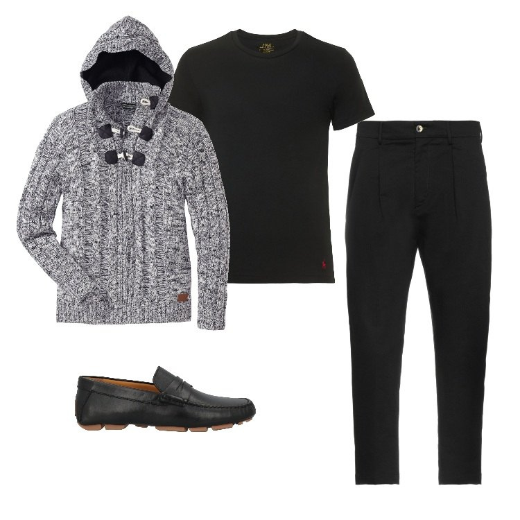 Outfit uomo - In città. Stile Urban per Tutti i giorni. Abbinamento con maglieria, pantaloni, scarpe stringate, t-shirt.