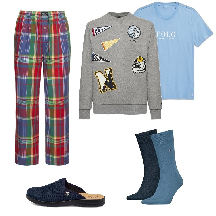Outfit uomo - Total look #1703417-homewear. Stile Casual per Tutti i giorni. Abbinamento con t-shirt, pantofole, felpe, pantaloni, calzini.
