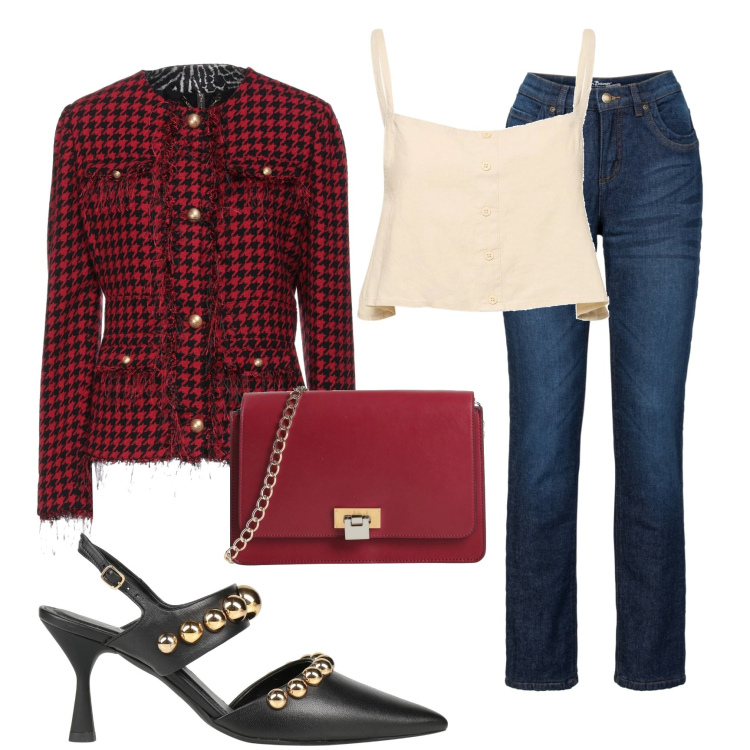 Outfit donna - Rientro in ufficio con stile. Stile Casual chic per Ufficio. Abbinamento con jeans dritti, décolleté, blazer, borse a tracolla, top.