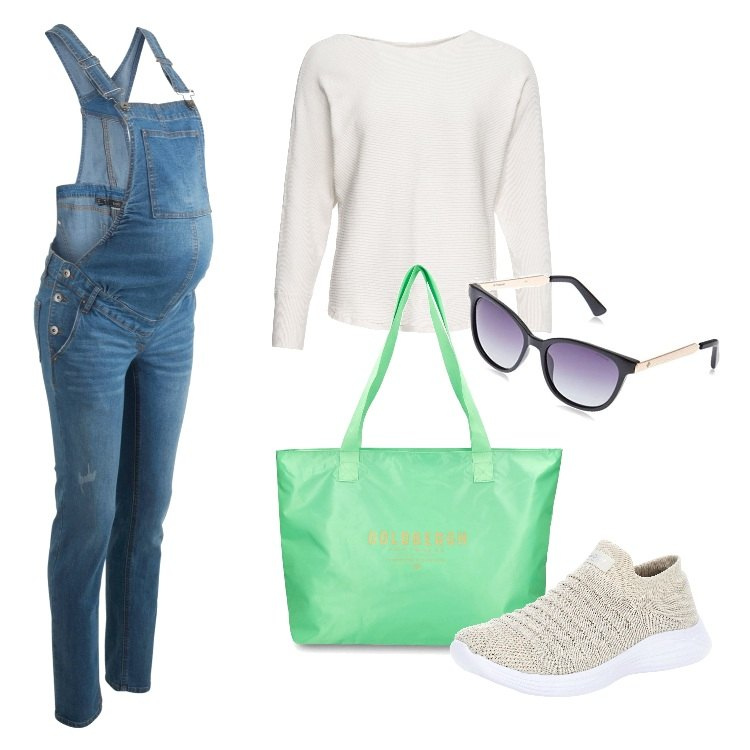 Outfit donna - Total look #1703541. Stile Basic per Tutti i giorni. look ideale per Premaman. Abbinamento con salopette, maglieria, sneakers, occhiali da sole, shopping bag.