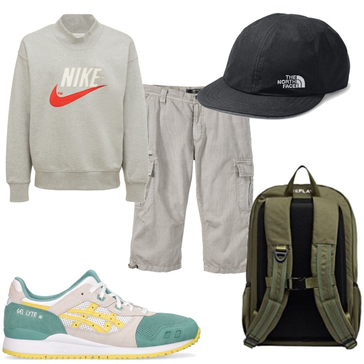 Outfit uomo - Total look #1703591. Stile Casual per Tutti i giorni. Abbinamento con bermuda, felpe, berretti, sneakers, borse sportive.