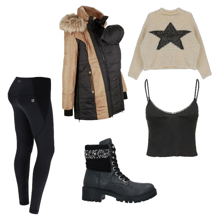 Outfit donna - Total look #1703594. Stile Rock per Tutti i giorni. Abbinamento con cappotti, stivaletti, maglieria, leggings sportivo, top.