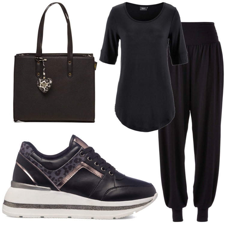 Outfit donna - Ritorno in nero. Stile Casual per Tutti i giorni. Abbinamento con pantaloni sportivi, maglieria, sneakers, borse a spalla.