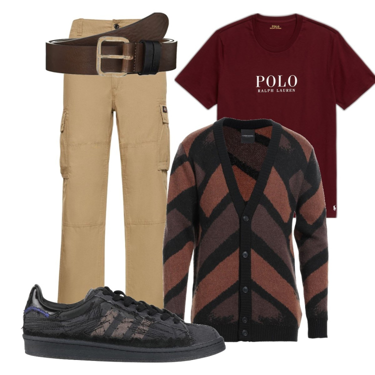 Outfit uomo - Total look #1703623. Stile Trendy per Ufficio. Abbinamento con cardigans, sneakers, t-shirt, pantaloni cargo, cinture.