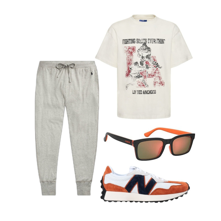Outfit uomo - Ghost outfitter - agosto. Stile Casual per Tutti i giorni. Abbinamento con sneakers, pantaloni, occhiali da sole, t-shirt.