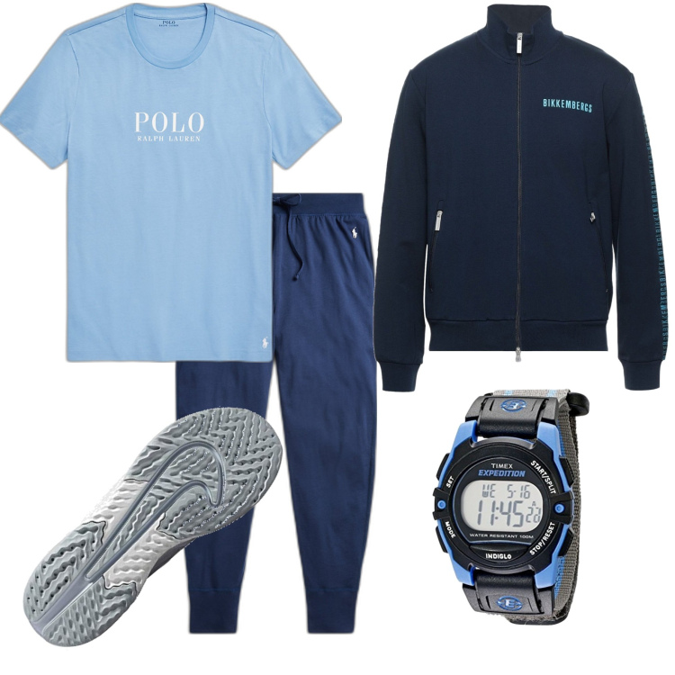 Outfit uomo - Sport Time. Stile Casual per Sport. Abbinamento con felpe, t-shirt, pantaloni, scarpe sportive, orologi digitali.