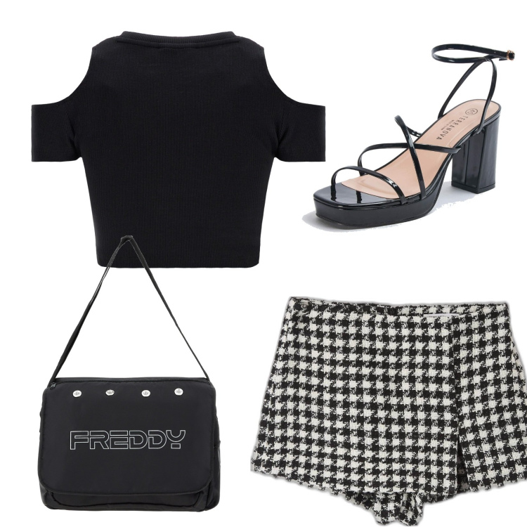 Outfit donna - Total look #1703753. Stile Trendy per Tutti i giorni. Abbinamento con gonne, sandali in pelle, borse messenger, top.