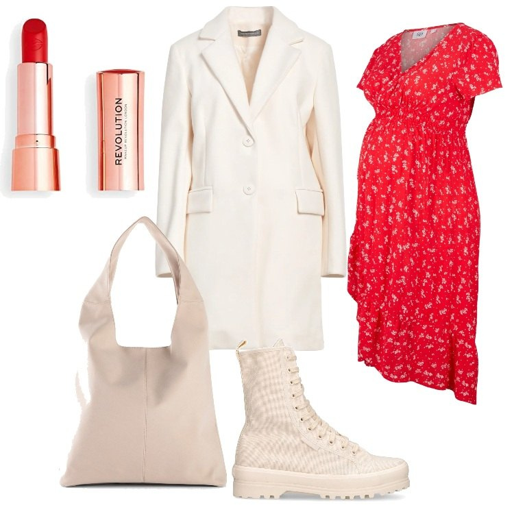 Outfit donna - Total look #1703785. Stile Trendy per Tutti i giorni. look ideale per Premaman. Abbinamento con vestiti asimmetrici, shopping bag, cappotti, sneakers alte, rossetti.