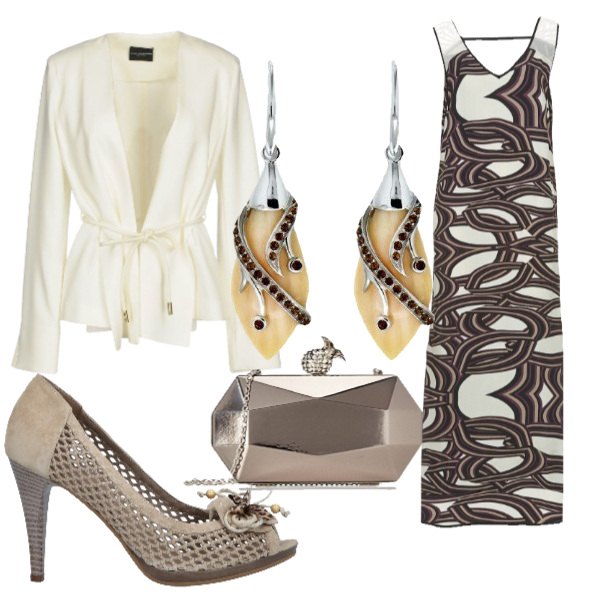 Outfit donna - Serata fra ragazze. Stile Chic per Serata fuori. Abbinamento con giacca crêpe, décolleté effetto scamosciato interno in pelle open toe tinta unita, vestito multicolore, clutch, orecchini pendenti in sterling 925 ipoallergenico argento e bianco.