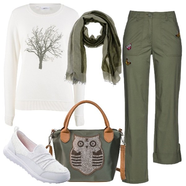Outfit donna - Autunnale in low cost. Stile Basic per Tutti i giorni. Abbinamento con sneakers, pantalone farfalla lunghezza regolabile verde, felpa con stampa in pile bianco, borsa a tracolla con strass verde, stola in cotone tinta unita.