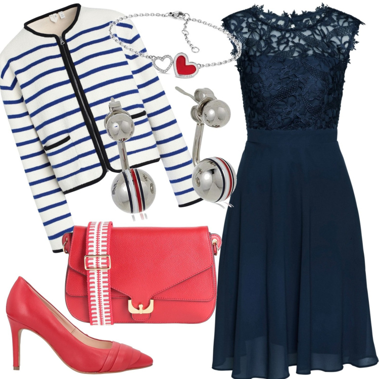 Outfit donna - Compleanno. Stile Casual chic per Cerimonia. Abbinamento con vestiti corti, blazer, borse a tracolla, décolleté, orecchini, braccialetti.