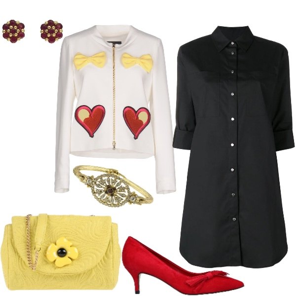 Outfit donna - Fiocchi &cuori. Stile Bon Ton per Ufficio. Abbinamento con giacca con fiocco senza tasche contrasto collo tondo a maniche lunghe con zip interno foderato crêpe, borsa a tracolla messenger contrasto taglia media con zip interno foderato in pelle sintetica tinta unita, décolleté con fiocco effetto scamosciato a punta tinta unita, camicia mini, orecchini in oro giallo rosso, bracciale.