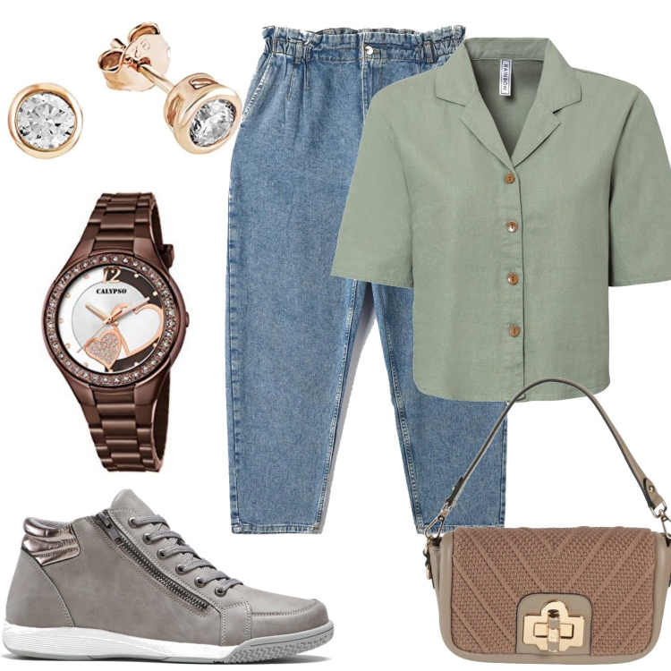 Outfit donna - L\'estate sta finendo.... Stile Casual per Tutti i giorni. Abbinamento con sneakers alte, camicie, borse a mano, jeans, orologi analogici, orecchini.