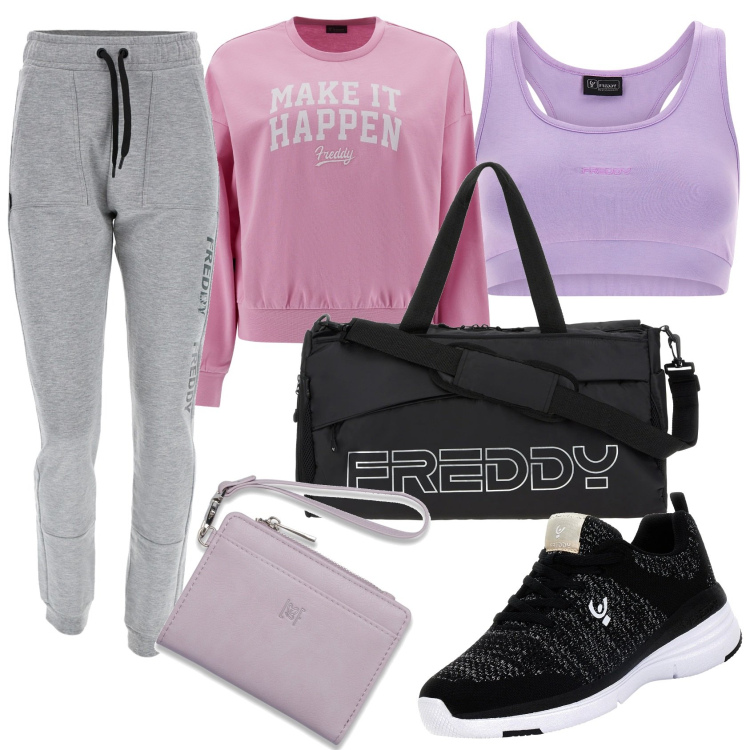 Outfit donna - In palestra. Stile Casual per Sport. Abbinamento con borse sportive, scarpe sportive, pantaloni cargo, felpe, top sportivi, portafogli.