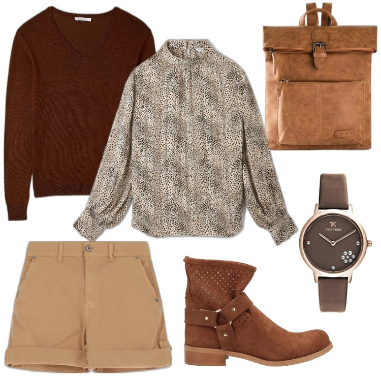 Outfit donna - Incontro all\'autunno. Stile Casual per Tutti i giorni. Abbinamento con zaini, stivaletti, maglieria, bluse, shorts, orologi analogici.